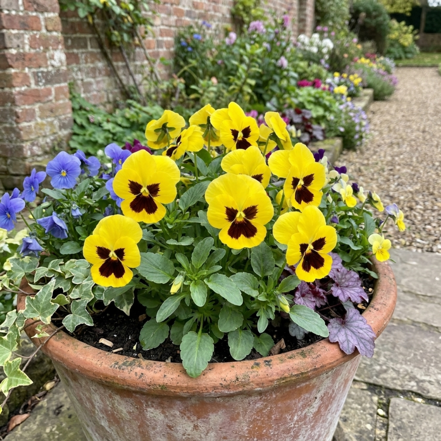 3 Pansy Cats Plus Yellow Plants, Hardy Garden Ready Spring & Autumn Bedding Flowers, 1 Litre Root Ball