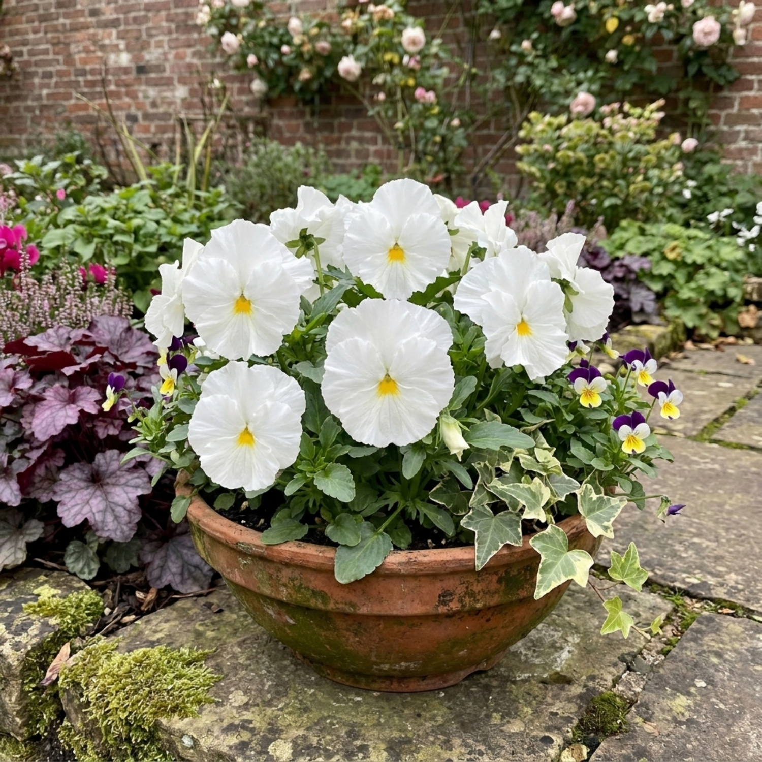 3 Pansy Cats Plus White Plants, Hardy Winter & Spring Flowering Pansies, 1 Litre Root-Ball