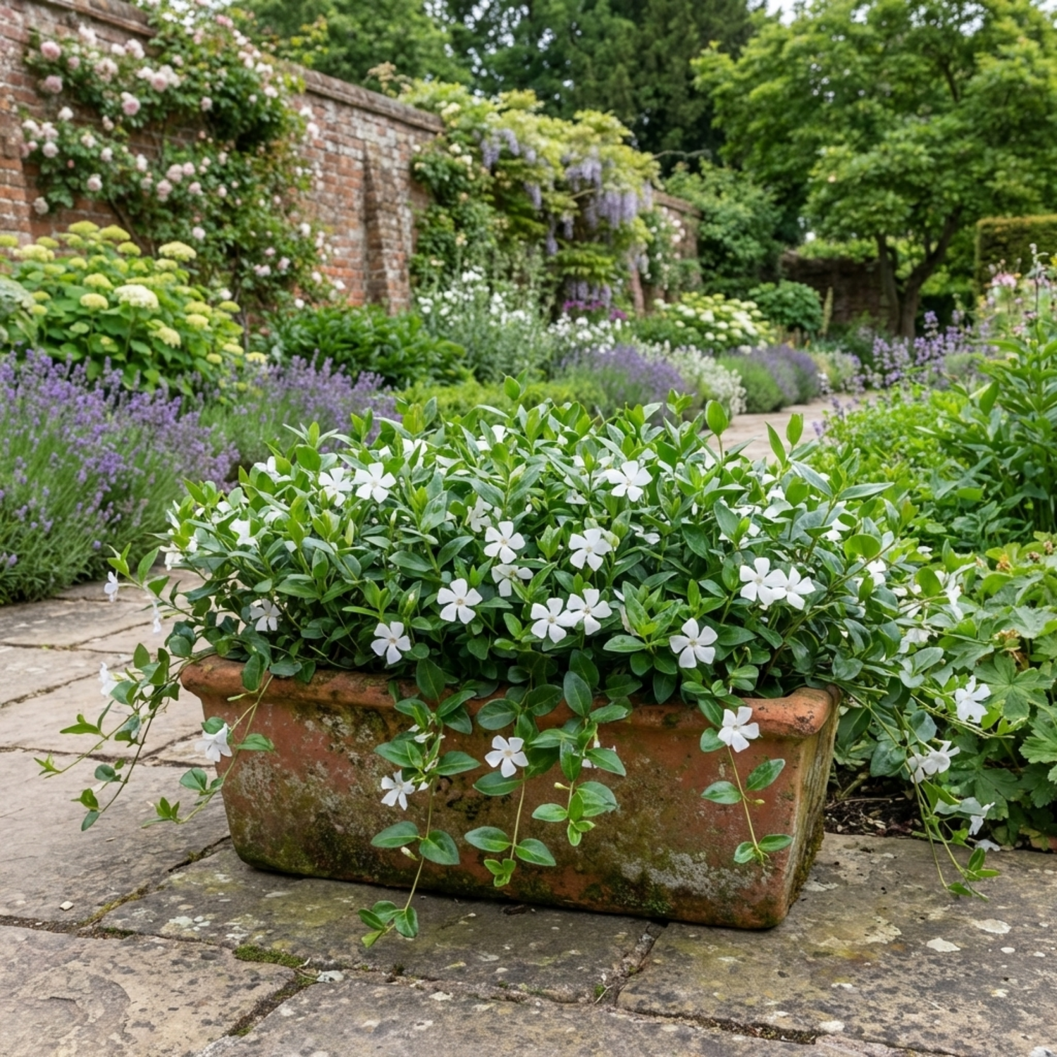 1 Vinca Minor Gertrude Jekyll Plant, Hardy Evergreen Periwinkle Ground Cover, 17cm Root-Ball