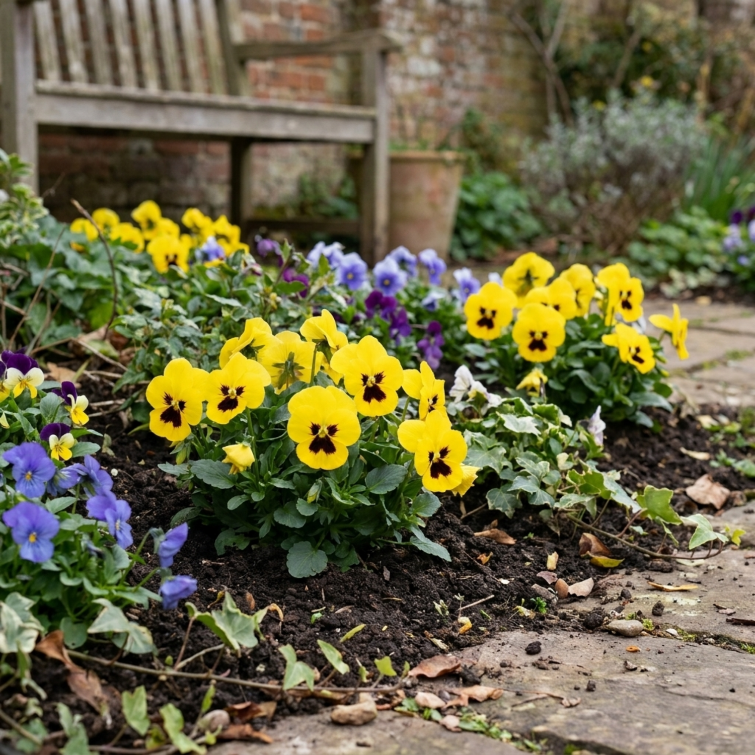 3 Pansy Cats Plus Yellow Plants, Hardy Garden Ready Spring & Autumn Bedding Flowers, 1 Litre Root Ball