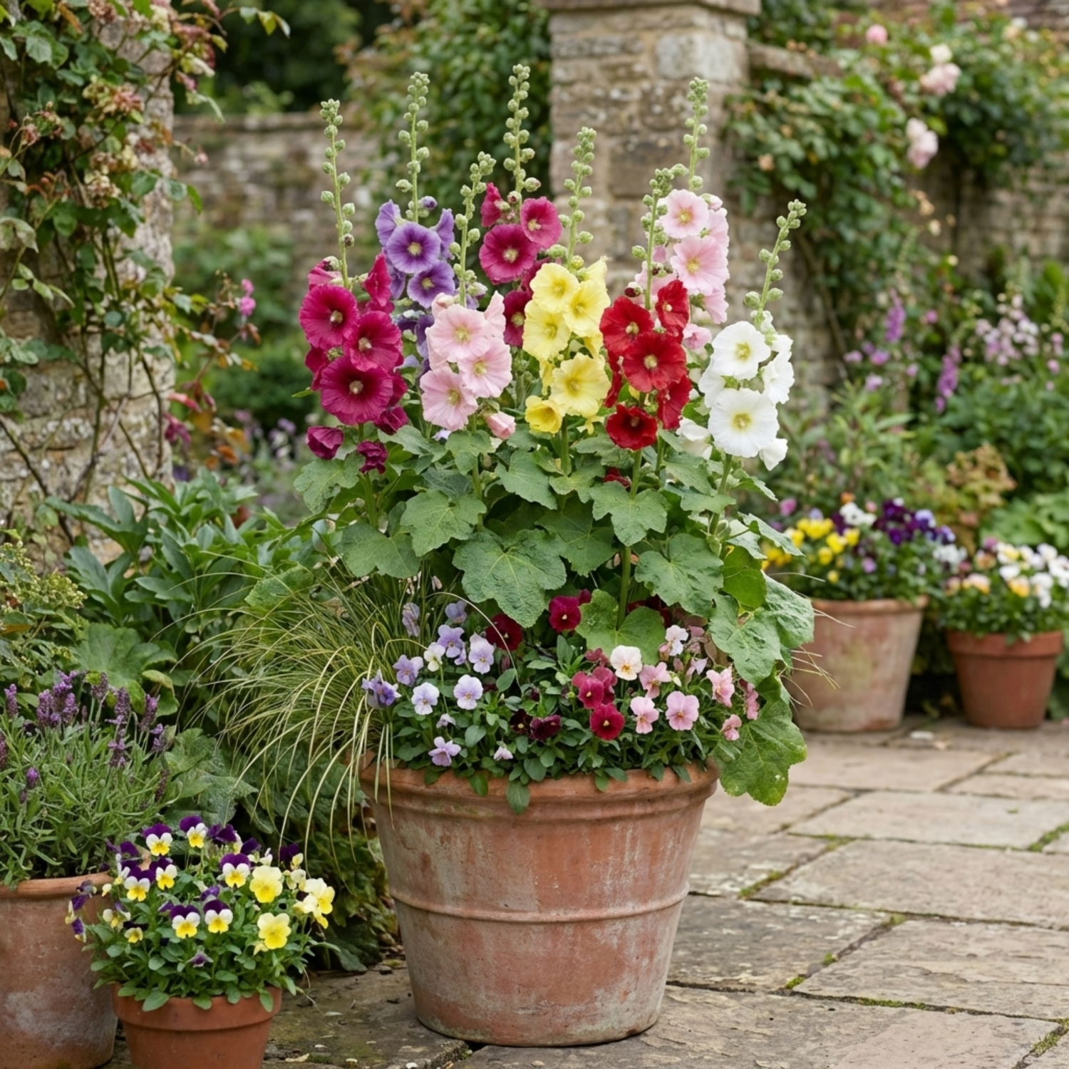 Set of 3 or 6 Hollyhock Growers Mix Hardy Cottage Garden Perennial Plants, Bee Friendly, Outdoor Garden Ready, 1 Litre Root-Ball